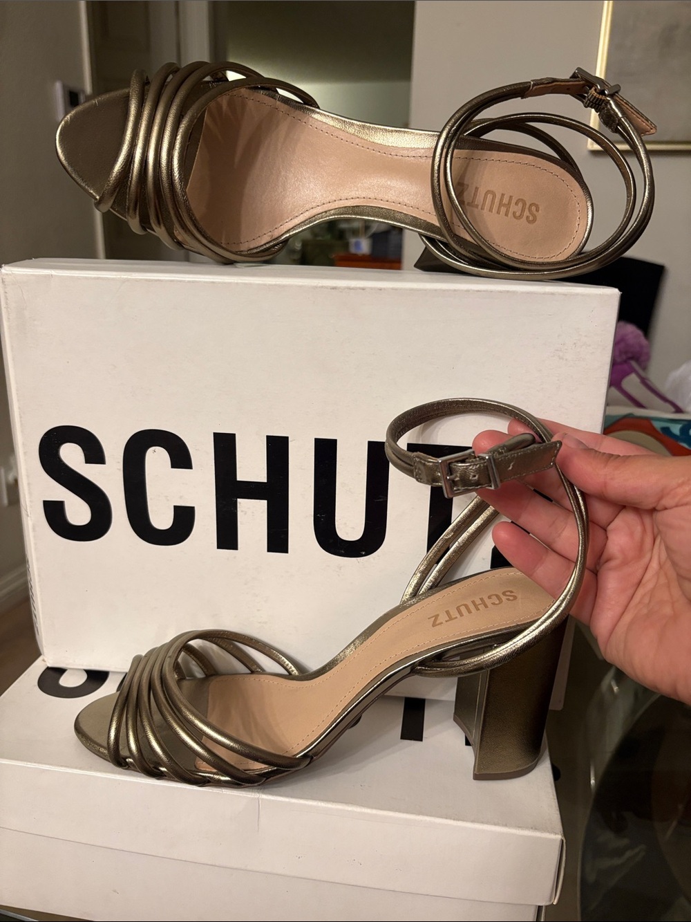 SCHUTZ Bronze Metallic Strappy Block Heel Sandals #77